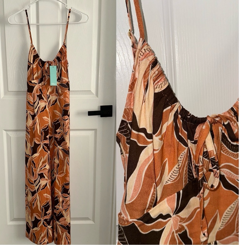 Shore Floral Sleeveless Jumpsuit in Brown and Orange